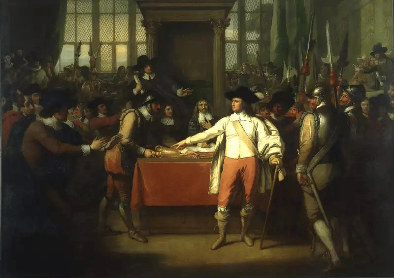 Painting showing Oliver Cromwell dissolving the Long Parliament in 1653, symbol of the seizure of power and the beginning of strict republican rule.