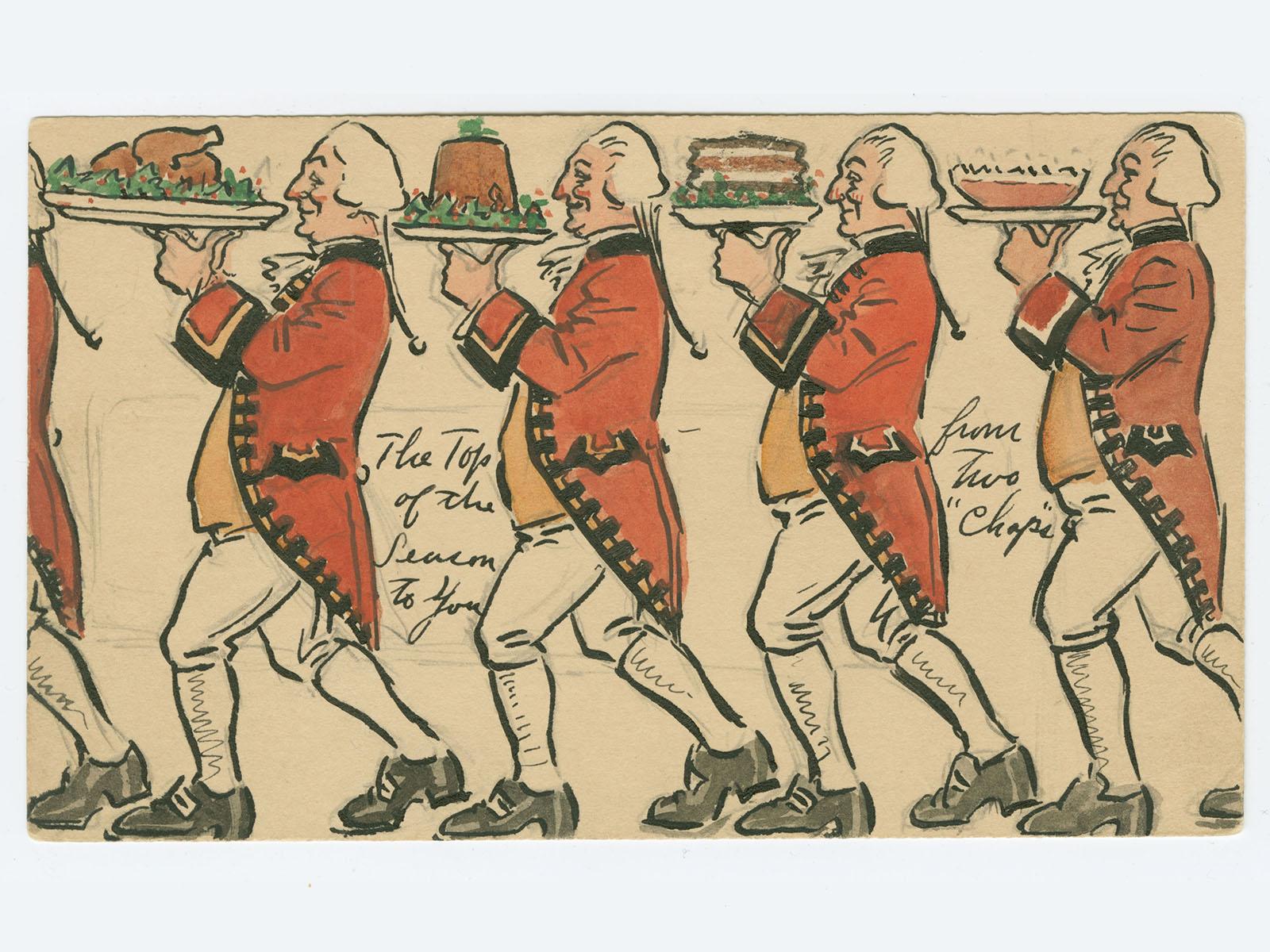 A satirical illustration showing servants carrying platters of Christmas dishes in a long procession.