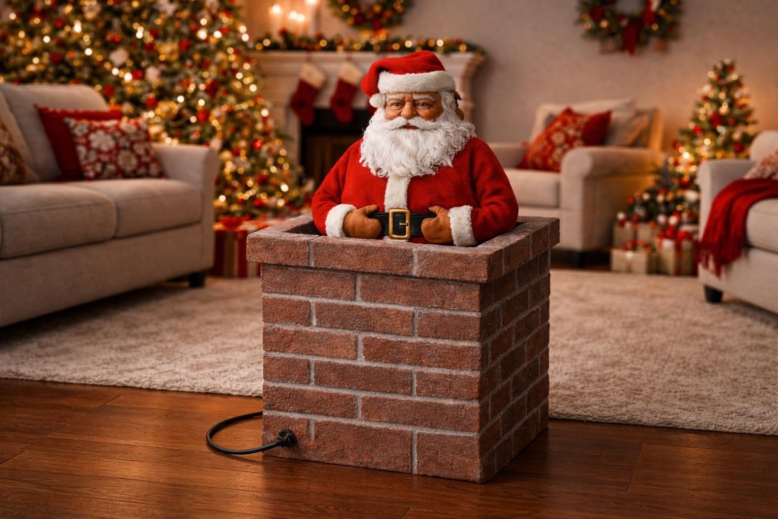 Visualization of Arnold Rubens&rsquo; patent &ndash; a decorative Santa Claus figurine emerging from a brick fireplace, placed in the living room next to a decorated Christmas tree and holiday ornaments.
