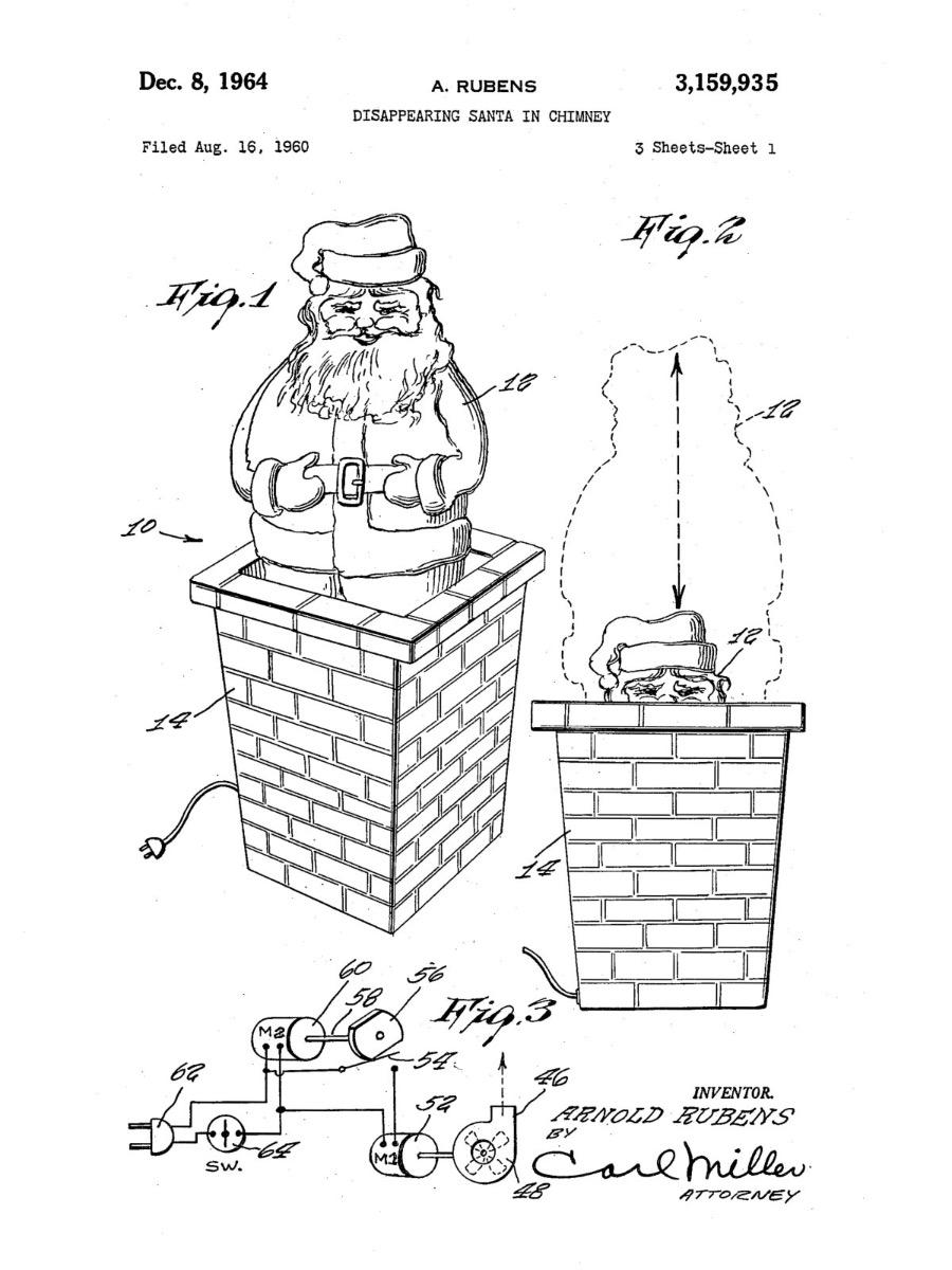 Arnold Rubens&rsquo; 1964 patent drawing&mdash;design of a device featuring Santa Claus hiding in a chimney, depicting a Santa Claus figurine sliding out of a brick fireplace and a diagram of the electrical mechanism.