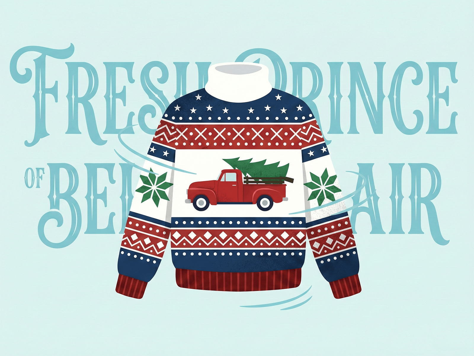 The of a white Christmas sweater with a red pickup truck carrying a Christmas tree from "The Fresh Prince of Bel-Air".