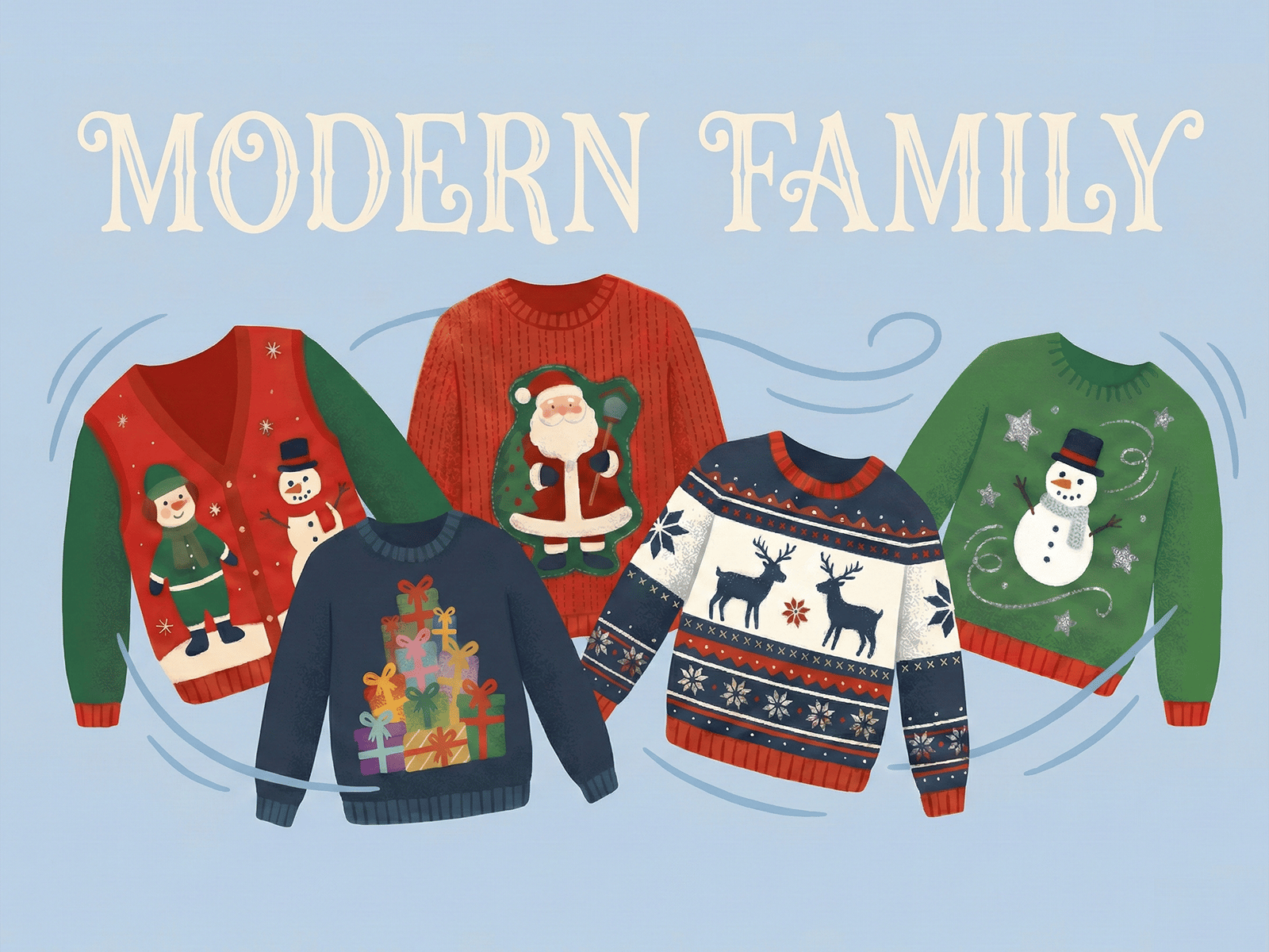 The illustration shows a set of five Christmas sweaters from the TV series "Modern Family". The sweaters feature snowmen, Santa Claus, presents, reindeer, and a snowman on a green sweater.