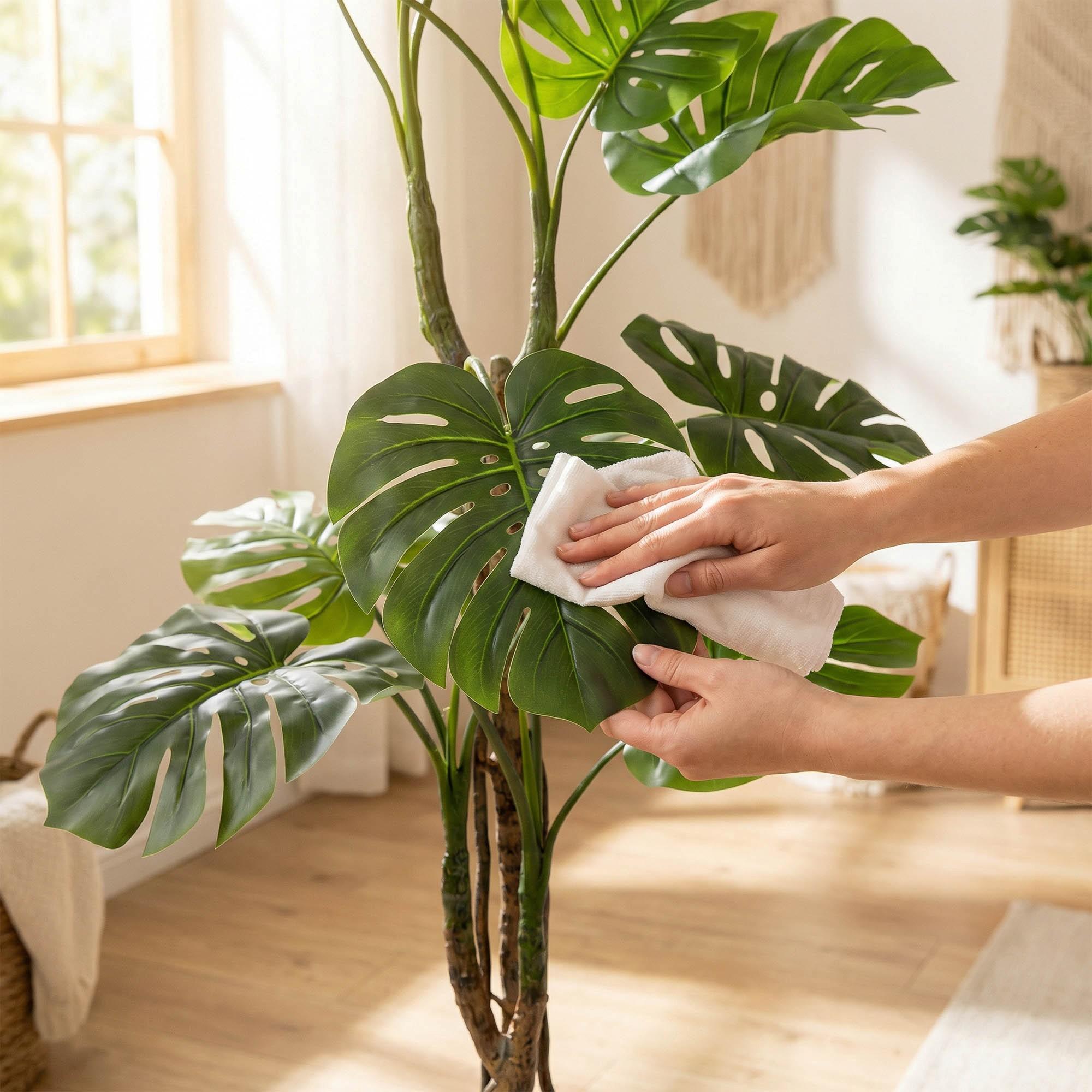 Hands are cleaning the leaves of the 160 cm FairyTrees artificial monstera on a stem, demonstrating how easy it is to care for the plant.