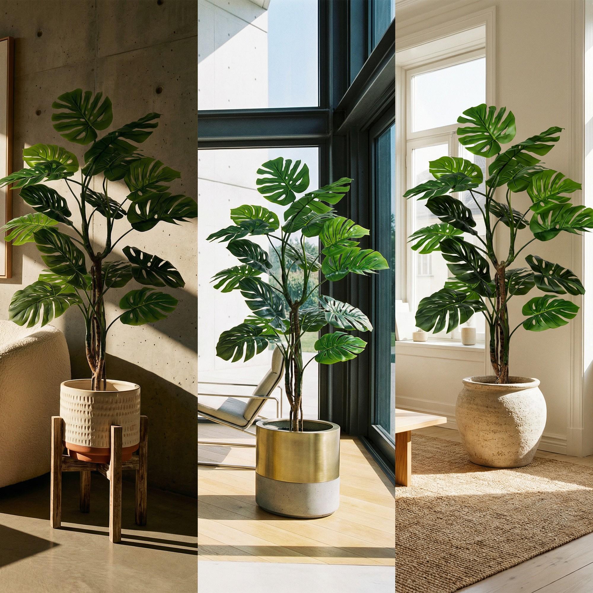 The 160 cm FairyTrees artificial monstera on a trunk as an interior decoration in various arrangements, suited to modern spaces.