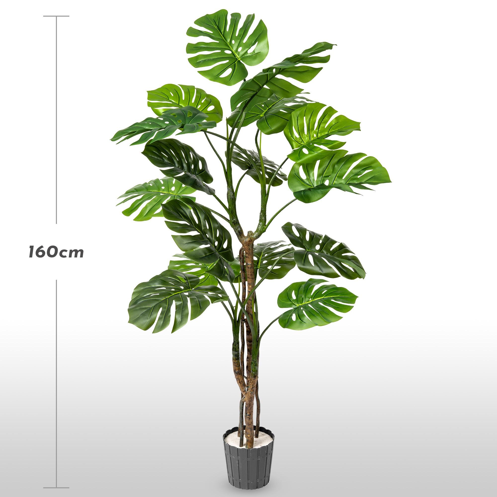 FairyTrees 160 cm artificial monstera on a stem against a light background, with the plant's height marked.