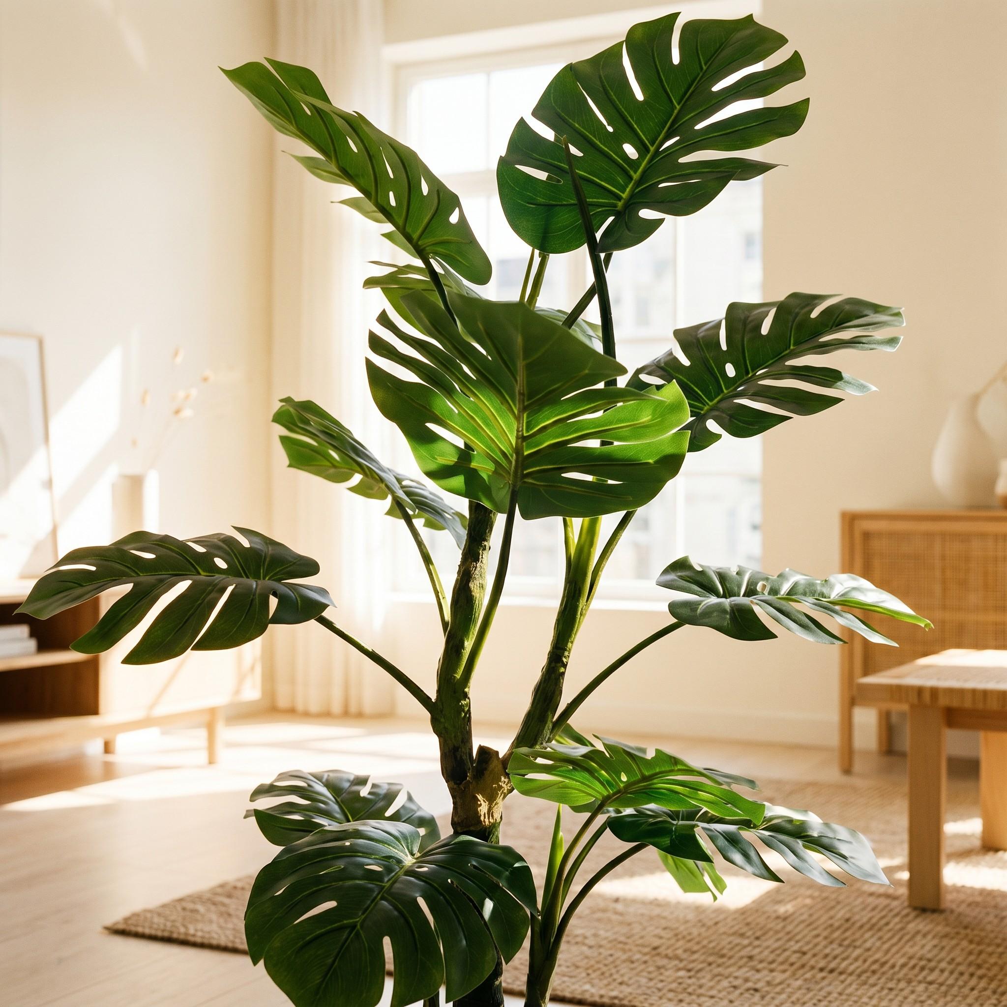 FairyTrees 160 cm artificial monstera on a stem placed in a cozy living room, as part of a natural interior design.