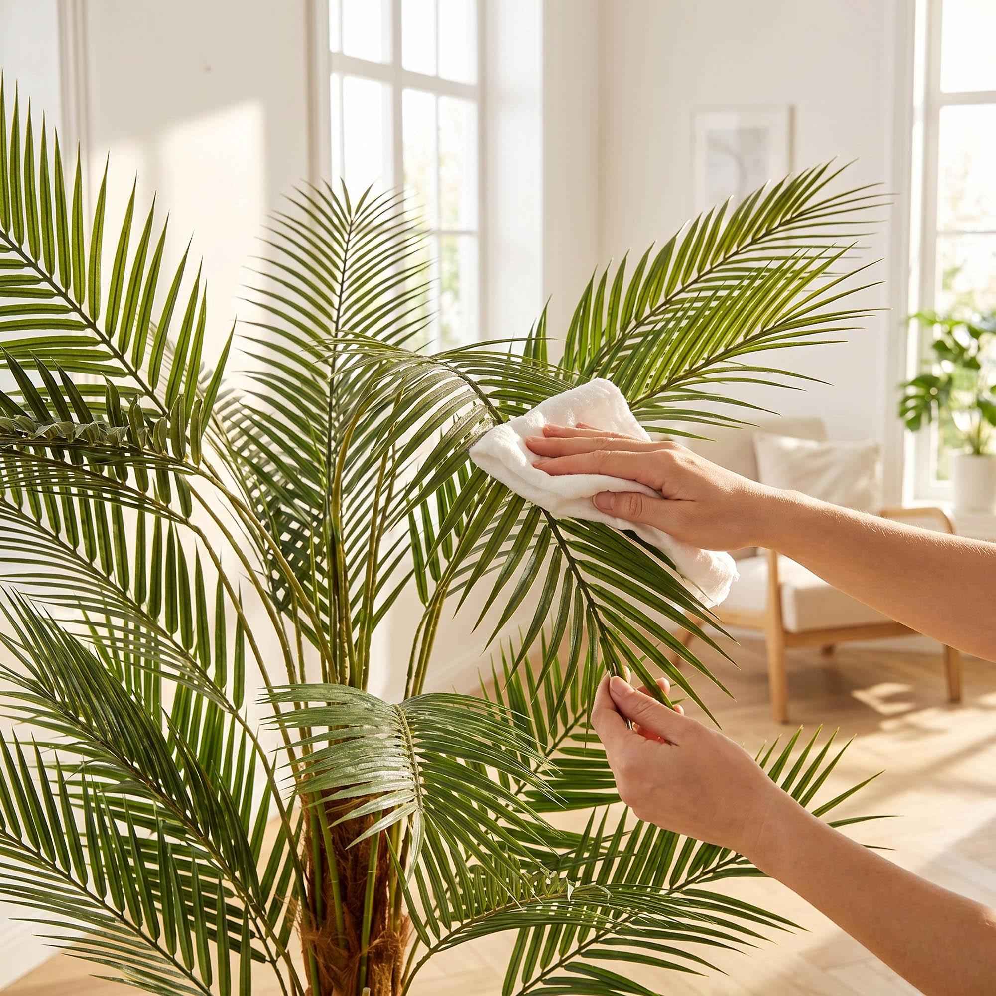Hands are cleaning the leaves of the 160 cm FairyTrees artificial monstera on a stem, demonstrating how easy it is to care for the plant.