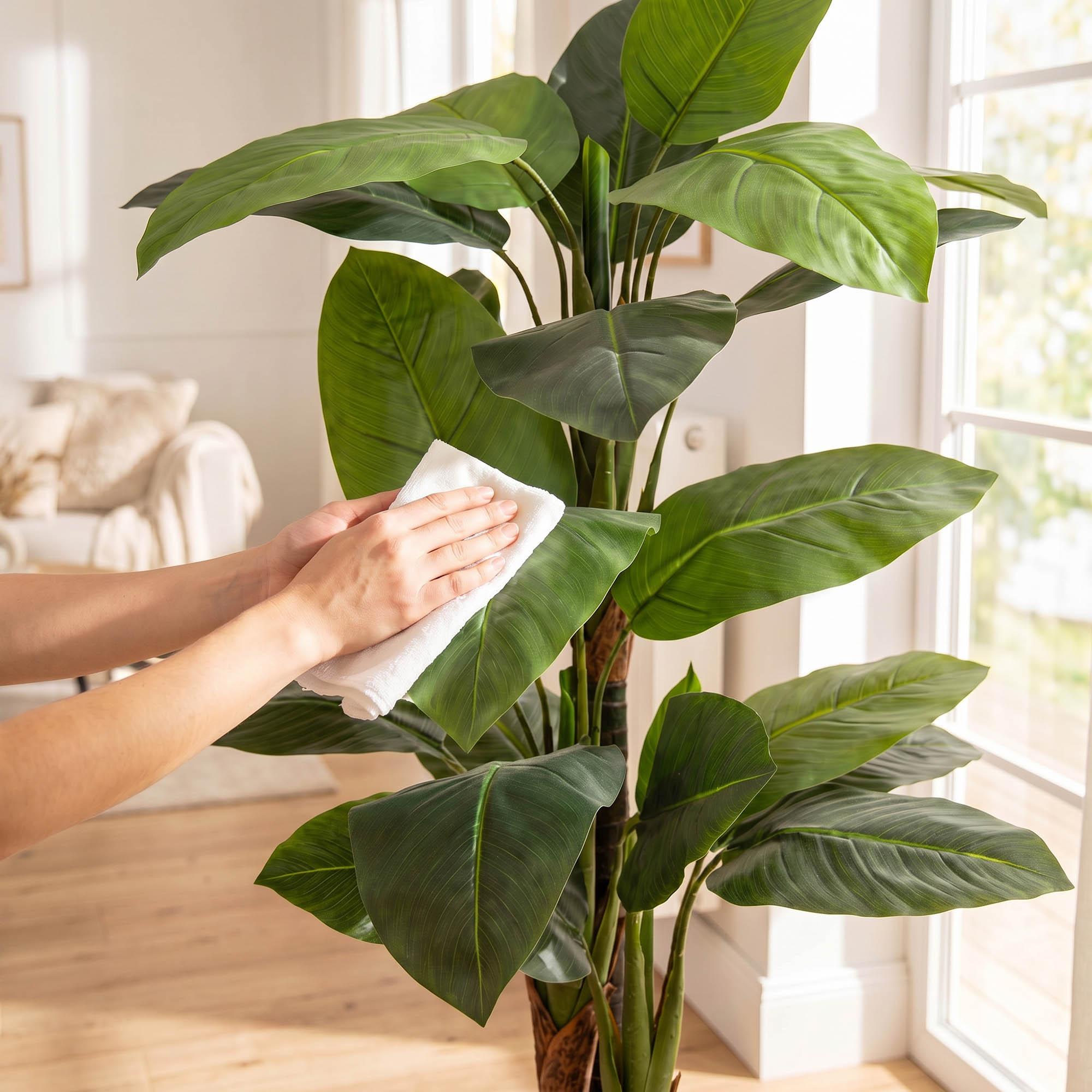 Hands are cleaning the leaves of the 160 cm FairyTrees artificial monstera on a stem, demonstrating how easy it is to care for the plant.