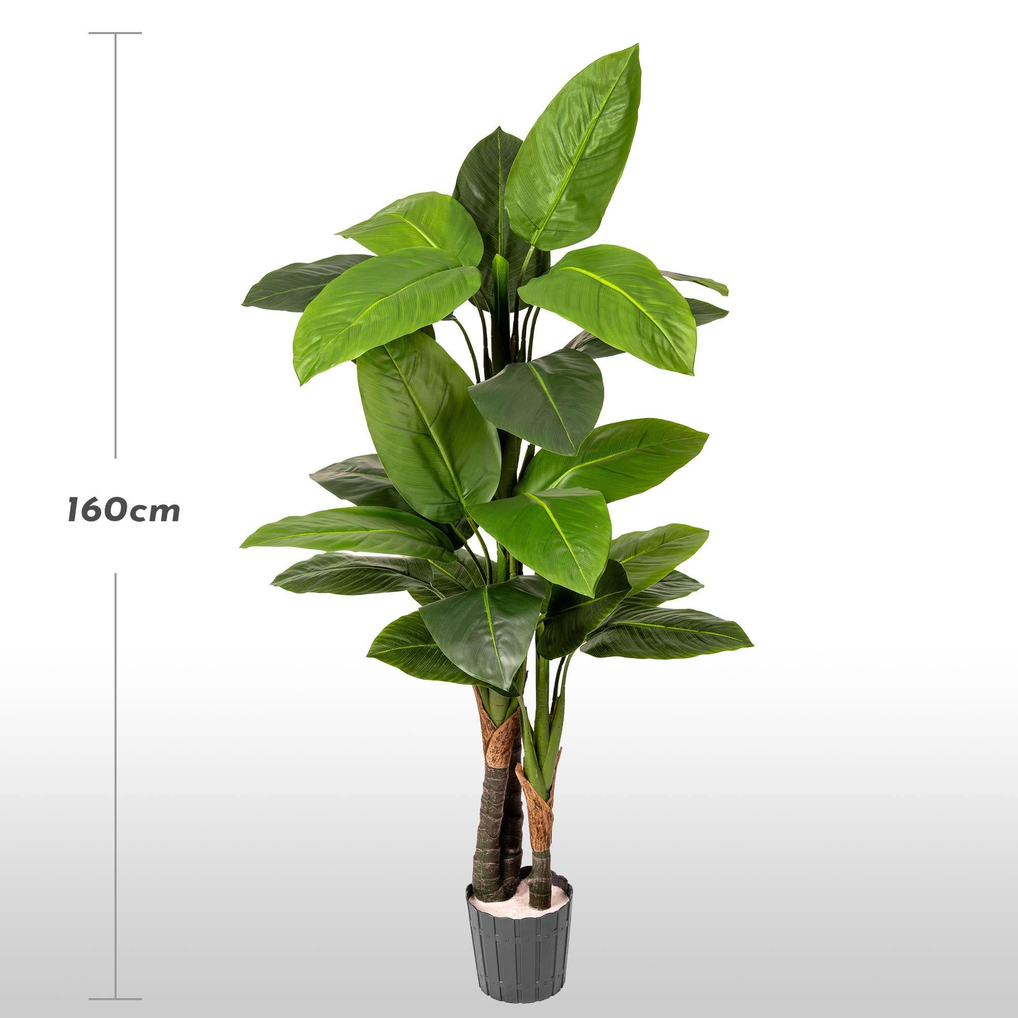 FairyTrees 160 cm artificial monstera on a stem against a light background, with the plant's height marked.
