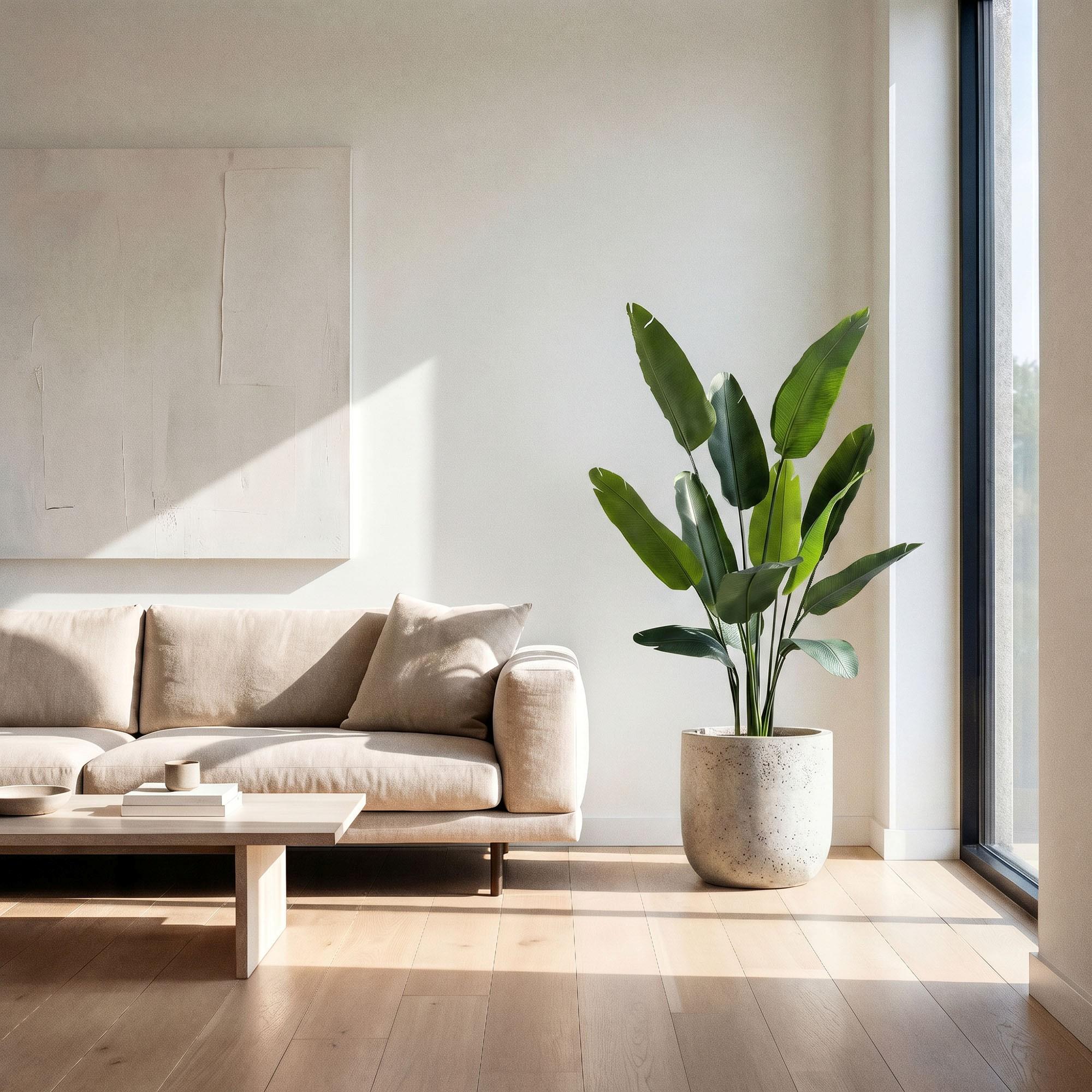 The 165 cm FairyTrees artificial strelitzia placed in a minimalist living room as a striking green accent.