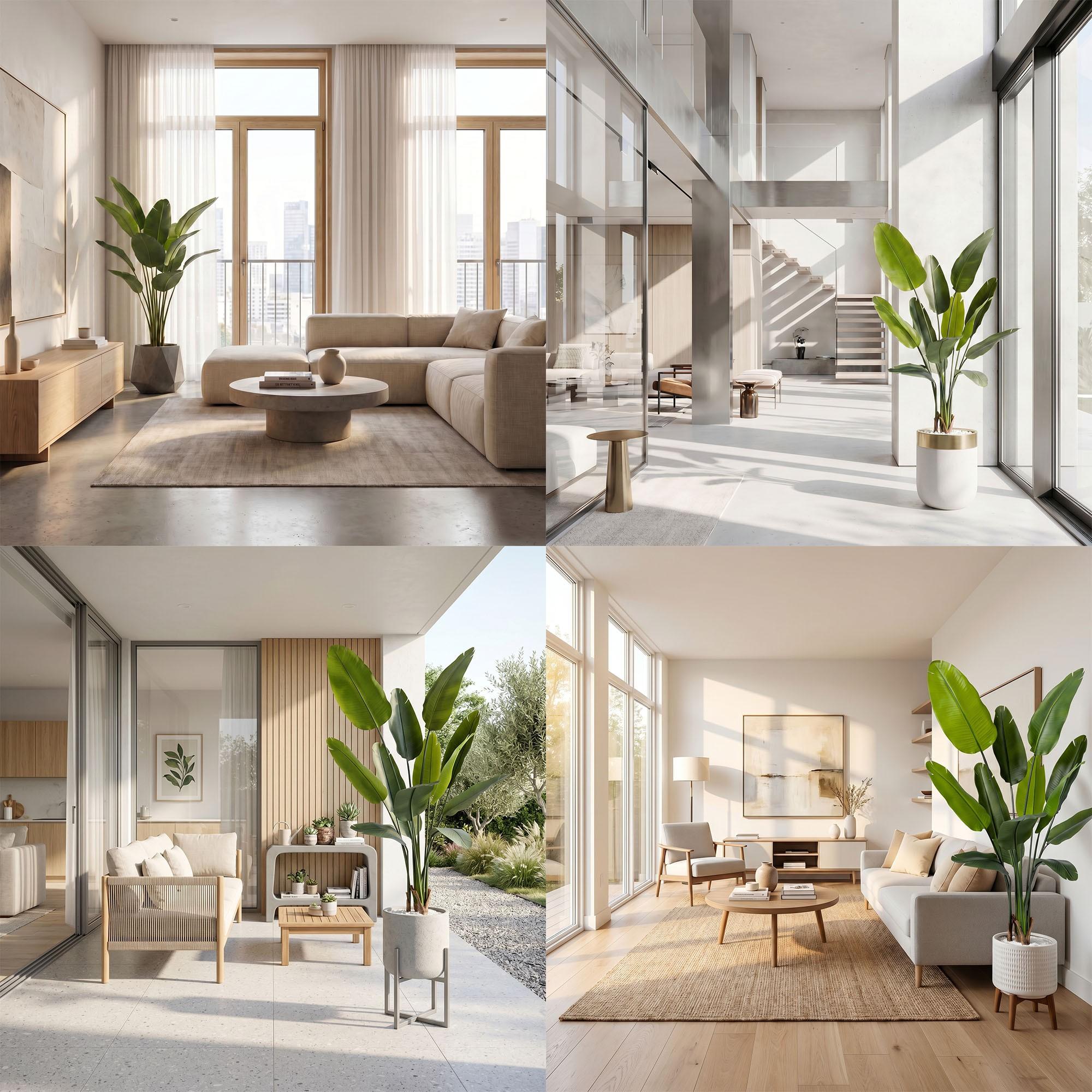 The 165 cm FairyTrees artificial strelitzia in various interior arrangements, suited for spacious and modern rooms.